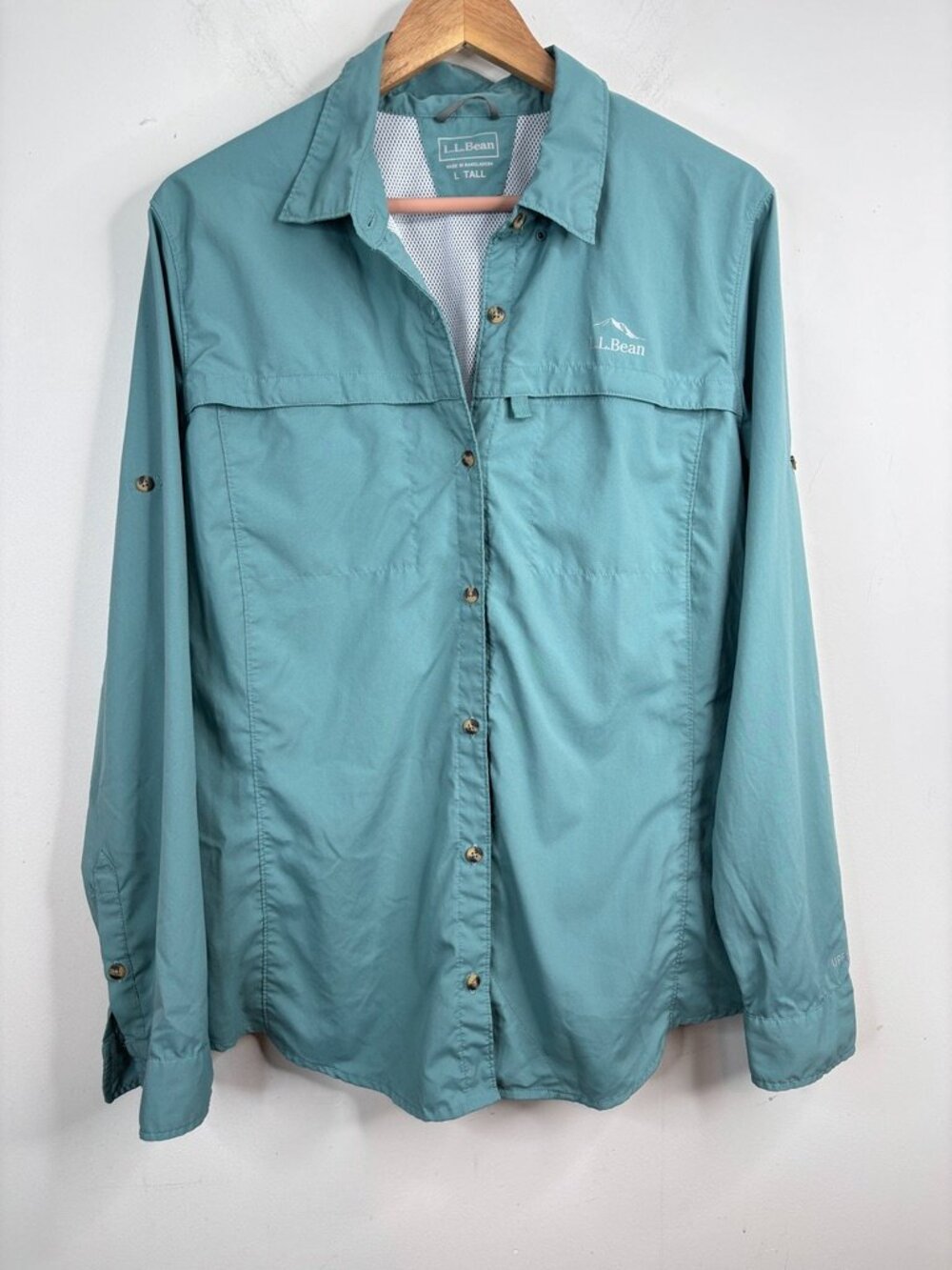 LL Bean Mens Long-Sleeve Tropicwear Sun-Shield Utility Shirt L TALL Green UPF 50